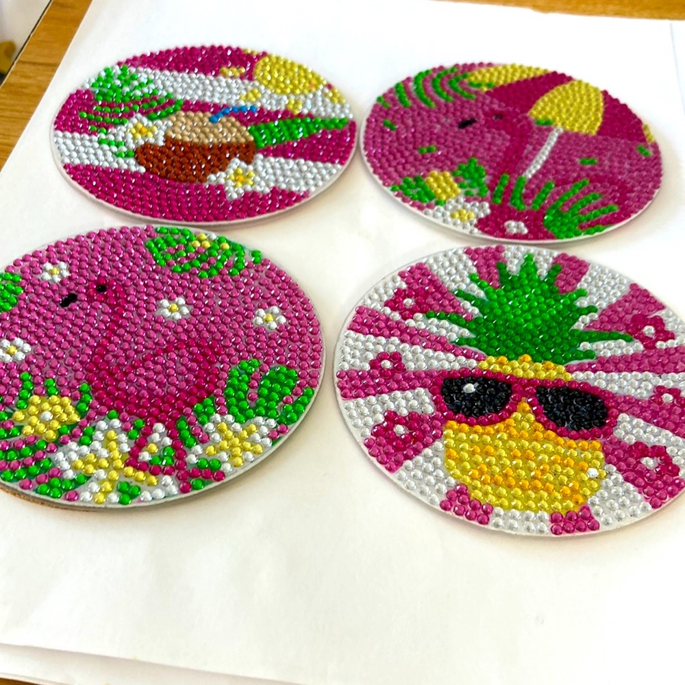 Pelican and summer coasters with cork backing.  Handmade. Crystal dot. Bme4011